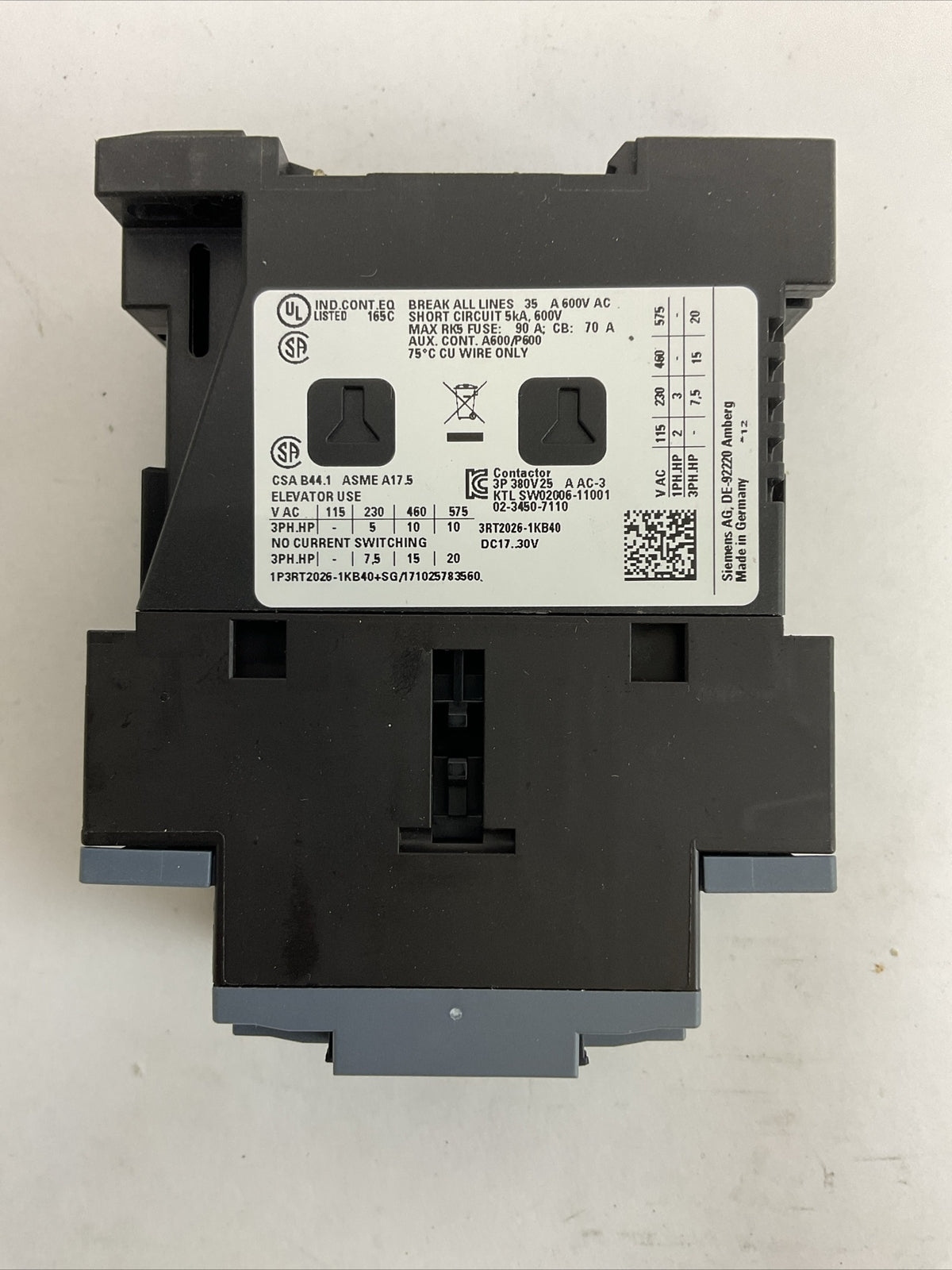 SIEMENS 3RT2026-1KB40 CONTACTOR AC-3 400V 25A 11kW 1NO 1NC COIL 17...30VDC