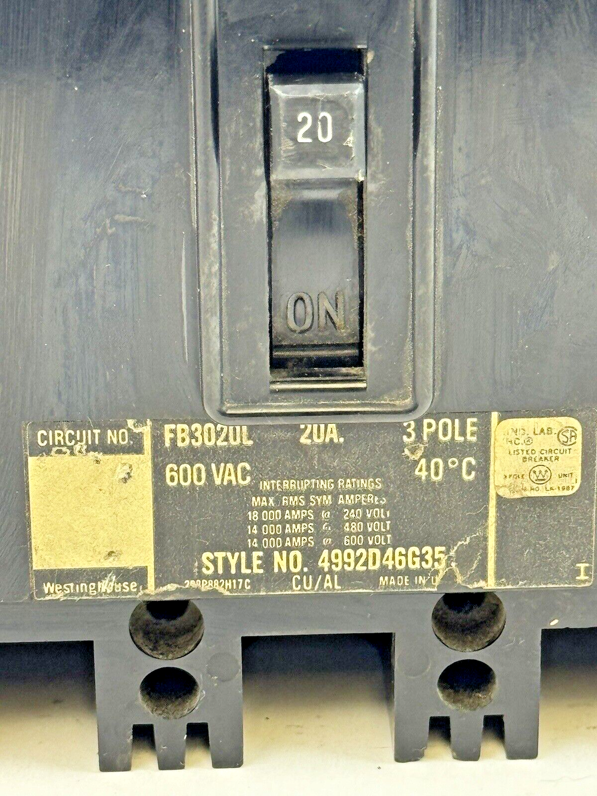 WESTINGHOUSE - FB3020L - MOLDED CIRCUIT BREAKER - 3 POLE/20A/600 VAC