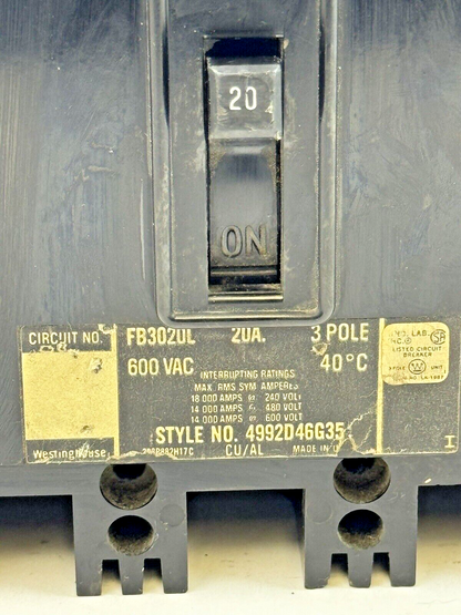 WESTINGHOUSE - FB3020L - MOLDED CIRCUIT BREAKER - 3 POLE/20A/600 VAC