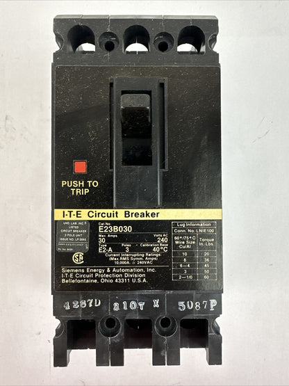 SIEMENS ITE E23B030 MOLDED CASE CIRCUIT BREAKER 30A 3P 240VAC