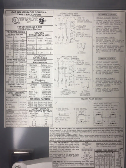 CUTLER HAMMER A25CGE40B MOTOR STARTER A25CNC40 C306GN3