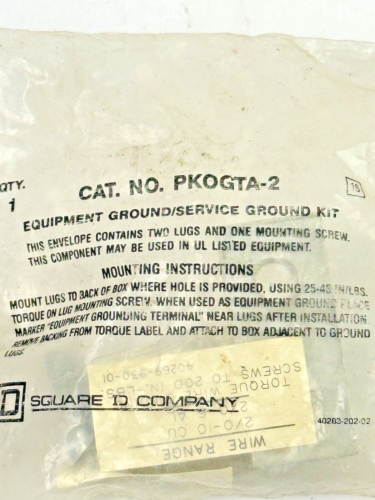 SQUARE D - PKOGTA-2 - GROUND LUG KIT - NEW OLD STOCK - SERVICE GROUND KIT