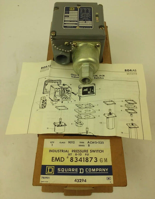 SQUARE D 9012 ACW5-S35 SERIES B, PRESSURE SWITCH, SET 6-10 PSI, 9012 ACW, 600V