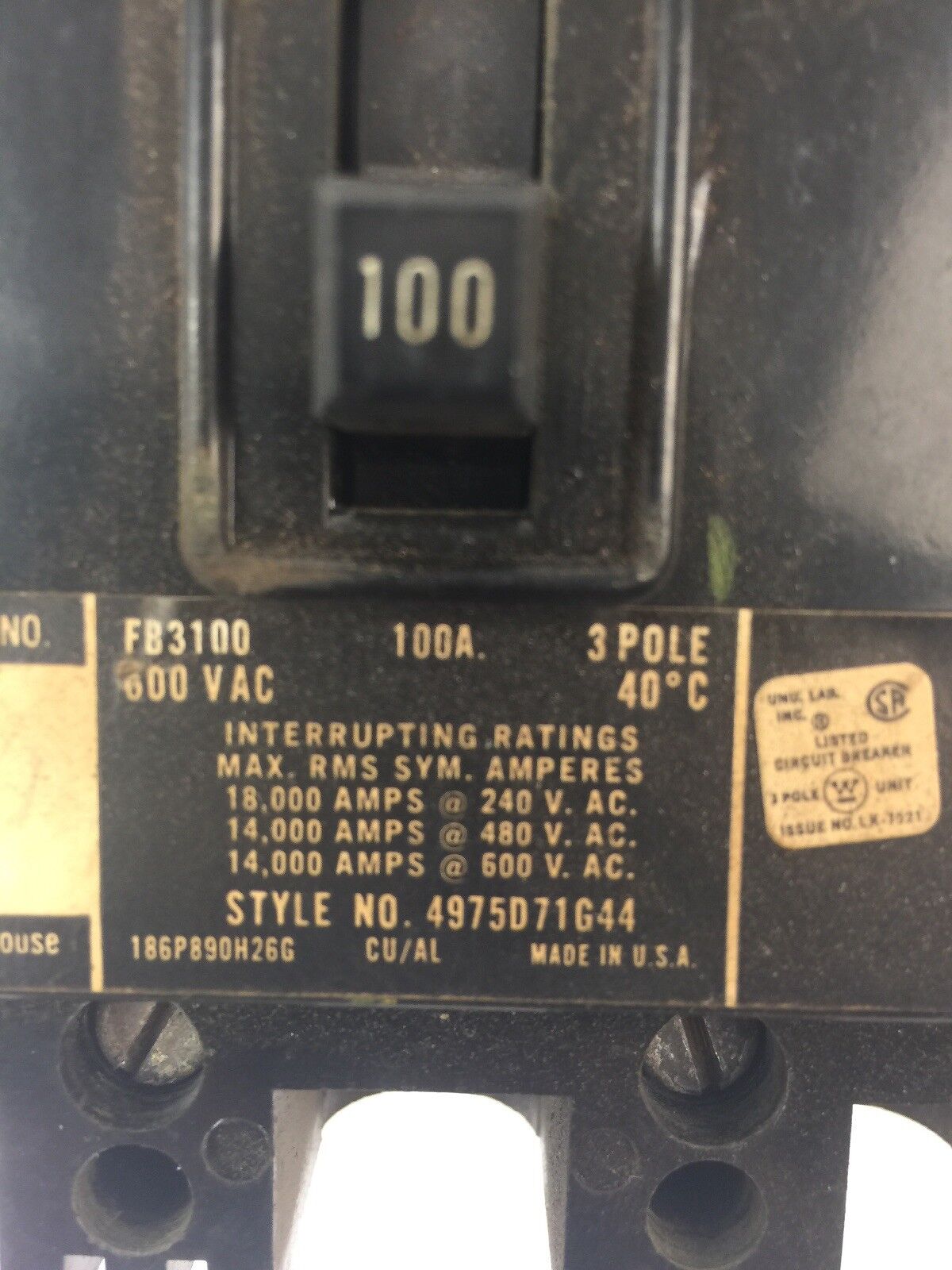 WESTINGHOUSE FB3100 CIRCUIT BREAKER 100A 600VAC 3 POLE