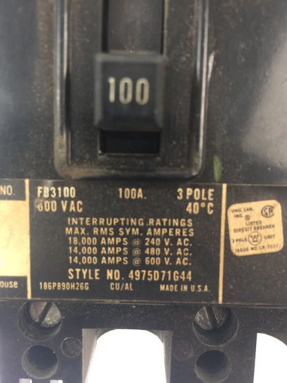 WESTINGHOUSE FB3100 CIRCUIT BREAKER 100A 600VAC 3 POLE