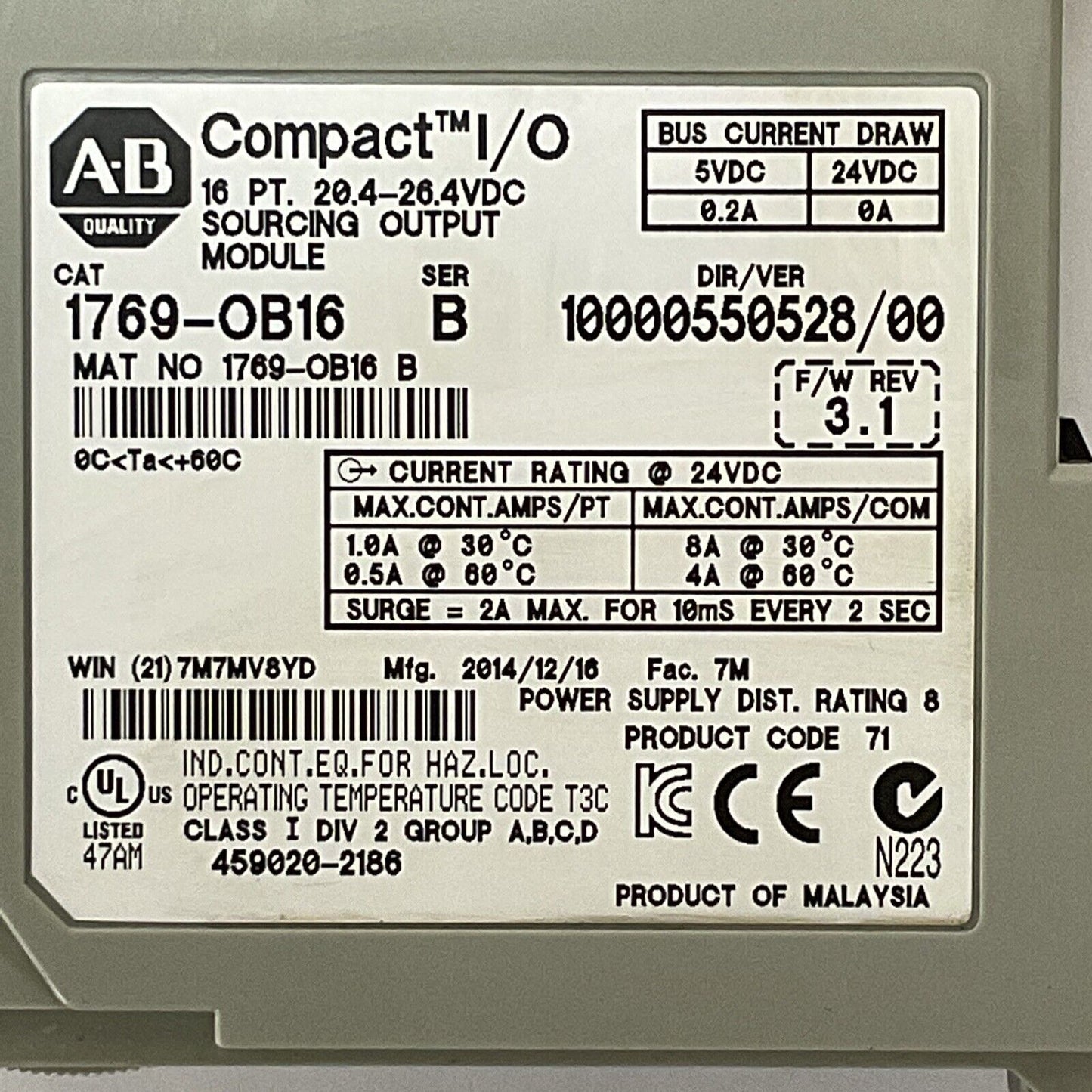 ALLEN BRADLEY 1769-OB16 SER B F/W REV 3.1 DIR/VER 10000550528/00 16PT COMPACT