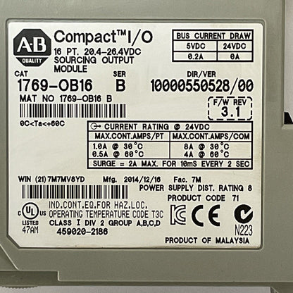 ALLEN BRADLEY 1769-OB16 SER B F/W REV 3.1 DIR/VER 10000550528/00 16PT COMPACT
