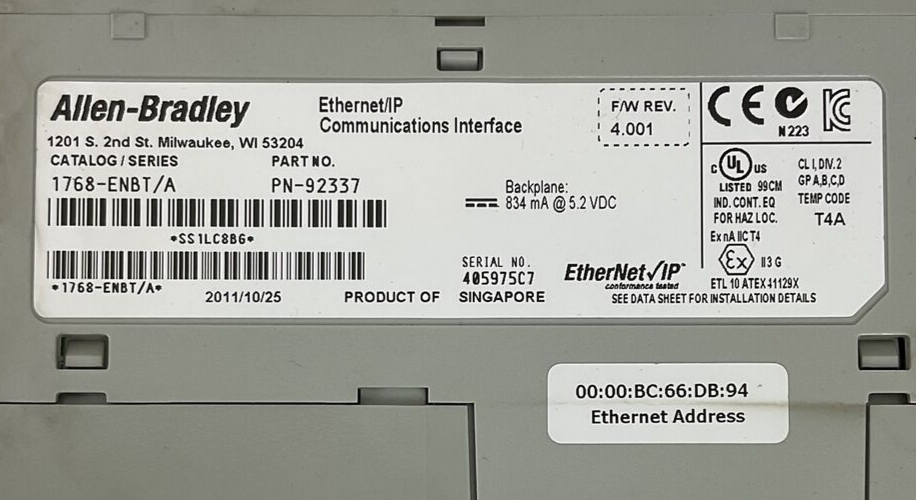 ALLEN BRADLEY 1768-ENBT SER A F/W REV 4.001 ETHERNET/IP COMMUNICATIONS INTERFACE