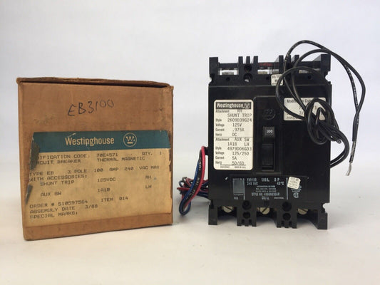 WESTINGHOUSE EB3100 CIRCUIT BREAKER 100AMP 3POLE 240VAC 2609D39G24 4979D06G03