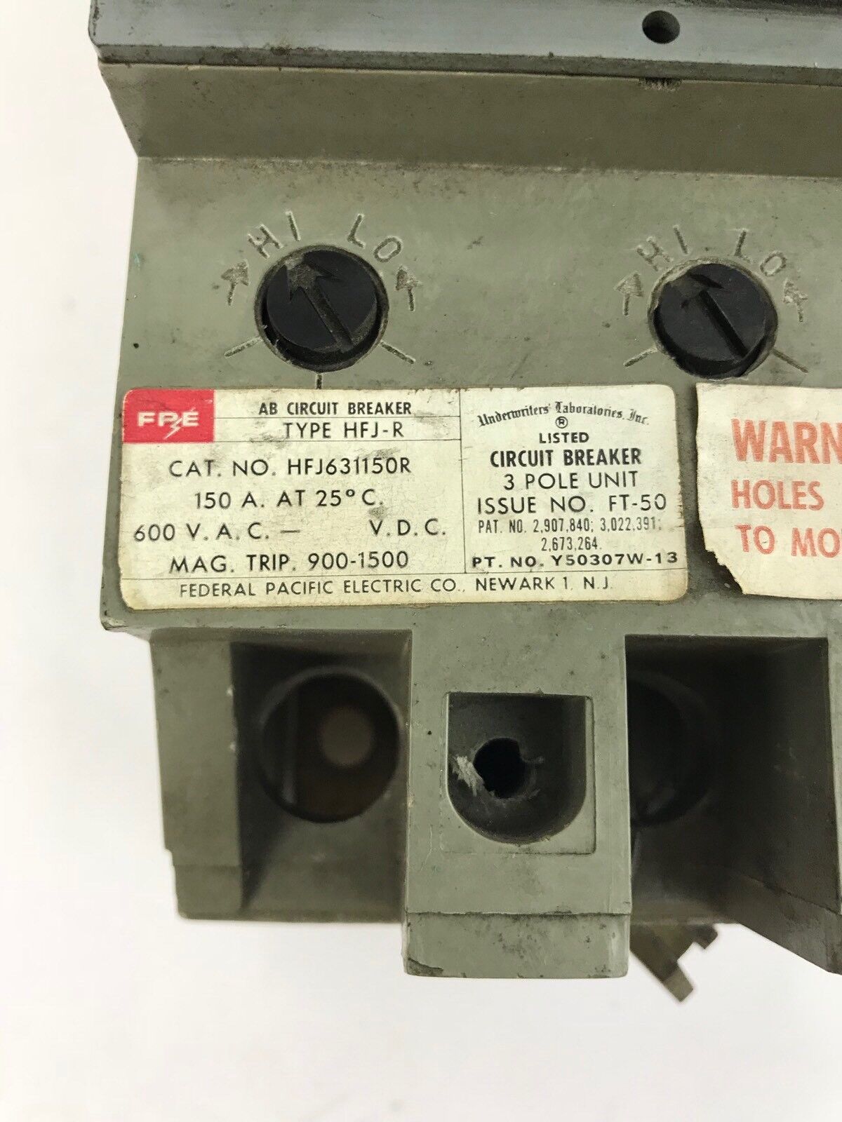 FPE HFJ631150R CIRCUIT BREAKER TYPE HFJ-R 3 POLE 600 V.A.C. MAG TRIP 900-1500