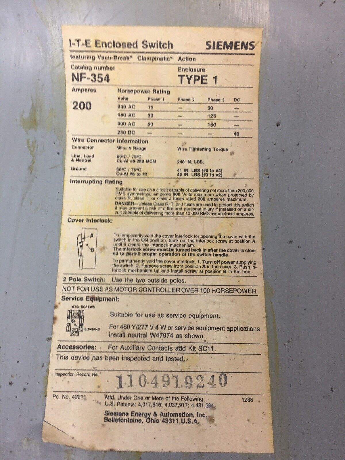 ITE NF354 VACU-BREAK SWITCH W/CLAMPMATIC CONTACTS 200 AMPS 600 VAC HEAVY DUTY