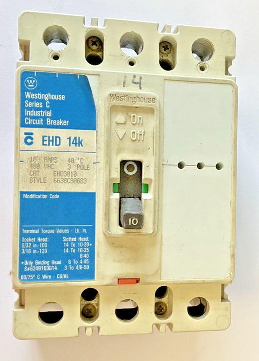 WESTINGHOUSE EHD3010 CIRCUIT BREAKER EHD 14K 3POLE 10A 480VAC SER.C