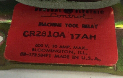 GE CR2810A17AH MACHINE TOOL RELAY 600V 10A 22D135 COIL 115V 60HZ 92V 50HZ