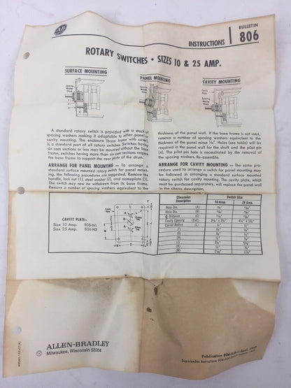 ALLEN BRADLEY F672729-1 ROTARY PILOT SWITCH SIZES 10 & 25 AMP