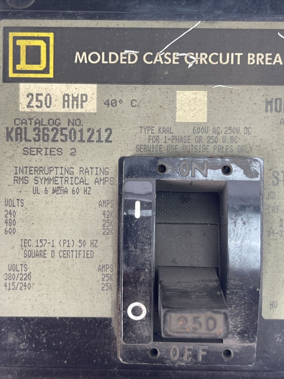 SQUARE D KAL362501212 MOLDED CASE CIRCUIT BREAKER SERIES 2 600VAC 250VDC 250A