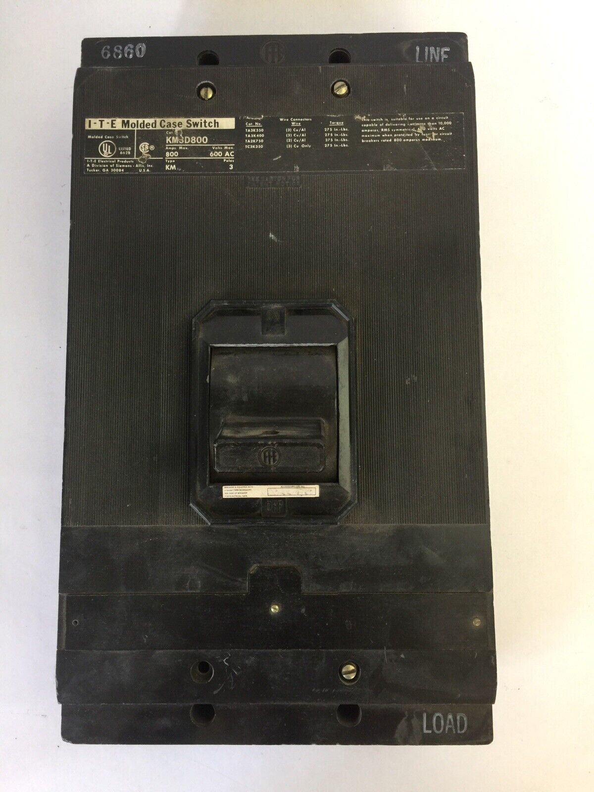 ITE KM3D800 MOLDED CASE SWITCH 800AMP 600VAC 3 POLE