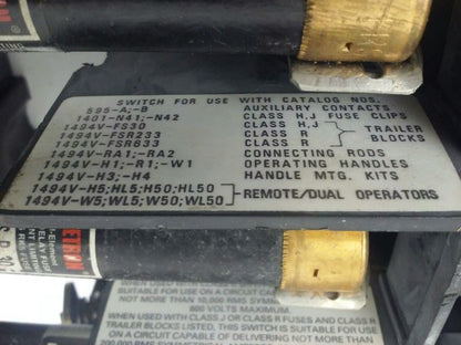 ALLEN BRADLEY 1494V-DS30 SER. A, FUSIBLE SWITCH, 3PH, 3P, 30A, 600V,1494V-FSR633