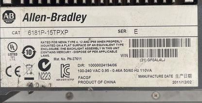 ALLEN BRADLEY 6181P-15TPXP DISPLAY COMPUTER SER E 100-240VAC 0.95-0.46A 110VA