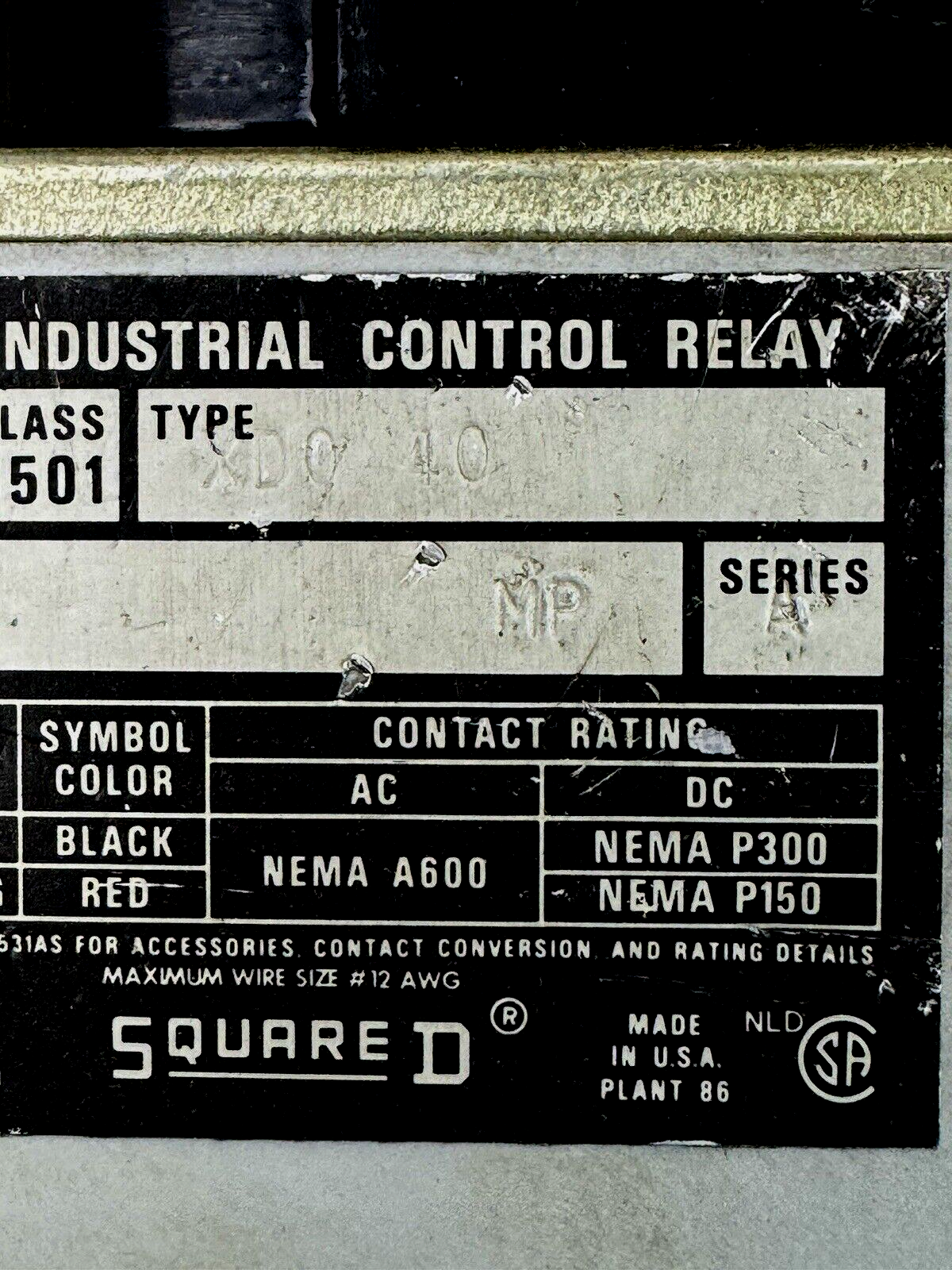 SQUARE D - CL: 8501 TP: XD0 40 FM: MP SER: A - CONTROL RELAY & 8501/XDL/SER. A