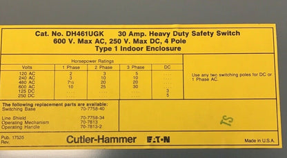 WESTINGHOUSE DH461UGK SAFETY SWITCH 30AMP 250VDC/600VAC 2PH 4POLE