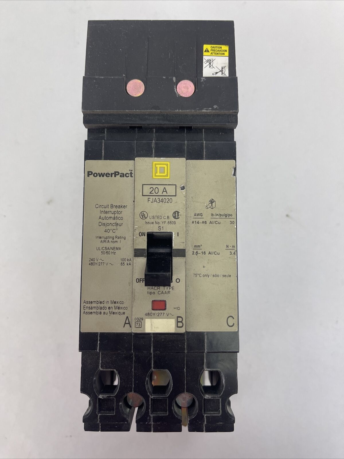 SQUARE D FJA34020 POWERPACT CIRCUIT BREAKER 20A 240VAC 480Y/277VAC