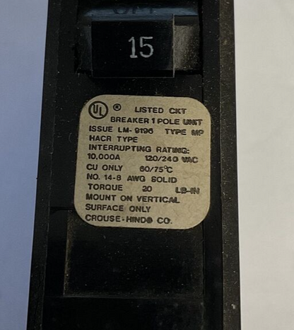 CROUSE-HINDS MP15 CIRCUIT BREAKER 15A 120/240VAC STYLE MP 2POLE ***LOTOF10***