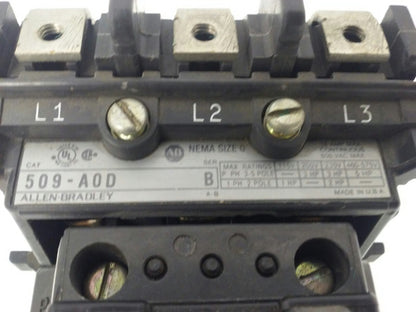 ALLEN BRADLEY 509-AOD, SER. B, STARTER, SIZE 0, 600V, 18A, 5 H.P.,120V COIL,USED