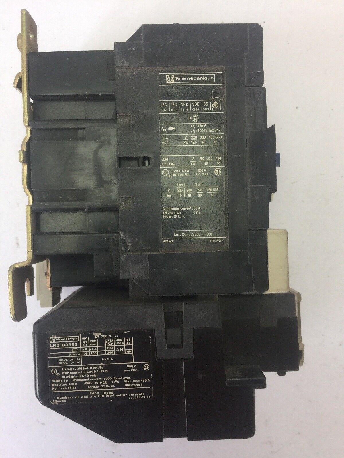 TELEMECANIQUE MOTOR STARTER D65004 CONTACTOR 600VAC 80A 3PH 50HP LR2D3355 OVER