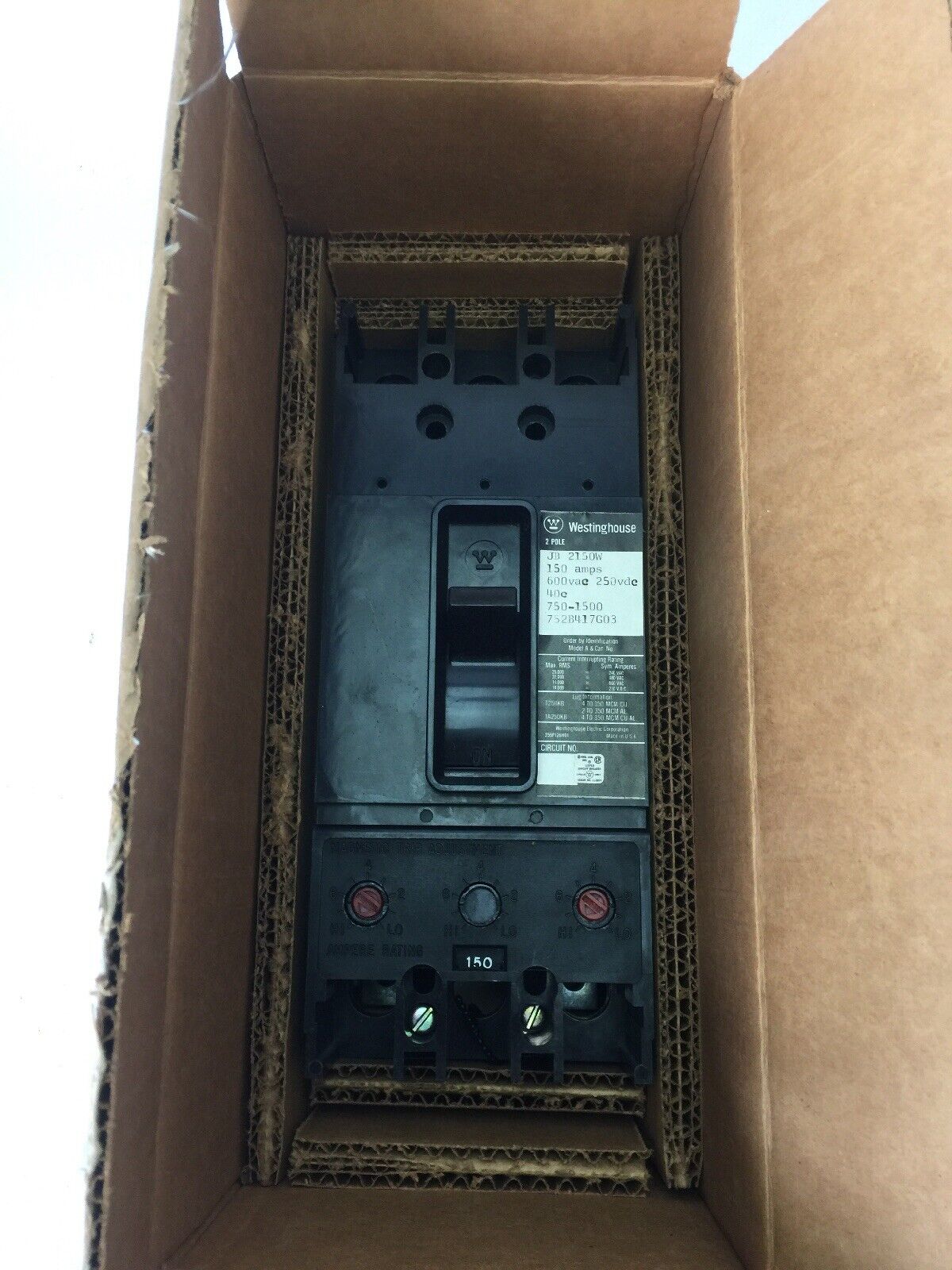 WESTINGHOUSE JB2150W AB DEION CIRCUIT BREAKER 150A 600VAC 250VDC 2 POLE