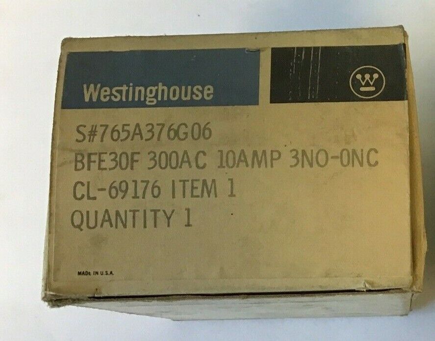 WESTINGHOUSE BFE30F CONTROL RELAY 300VAC 10AMP 3NO-ONC