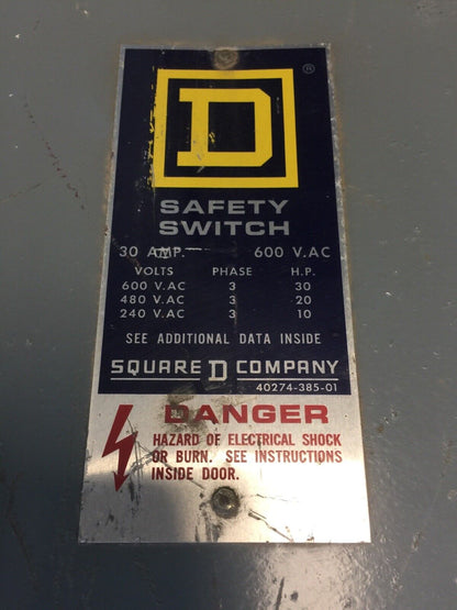 SQUARE D HU661RWK NON FUSIBLE SAFETY SWITCH SERIES E1 600VAC 30A 30HP 6 POLE