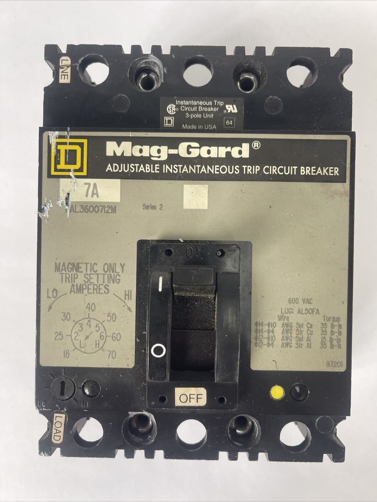 SQUARE D FAL3600712M MAG-GARD ADJ. INSTATANEOUS TRIP CIRCUIT BREAKER 7A SER 2