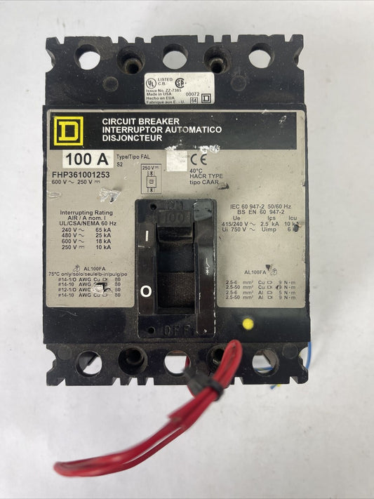 SQUARE D FHP361001253 CIRCUIT BREAKER 100AMP 600VAC 250VDC 3POLE