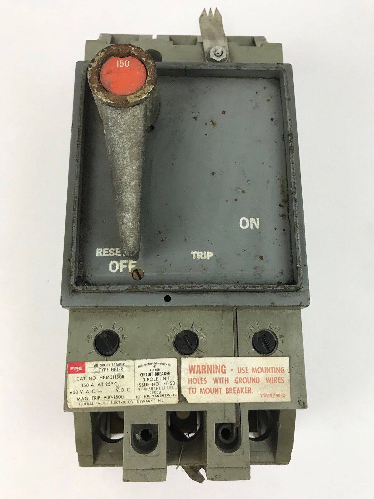 FPE HFJ631150R CIRCUIT BREAKER TYPE HFJ-R 3 POLE 600 V.A.C. MAG TRIP 900-1500