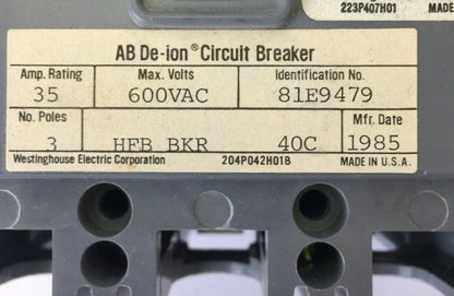 WESTINGHOUSE HFB3035 AB DE-ION CIRCUIT BREAKER 35AMP 600VAC 3POLE 4979D06G03