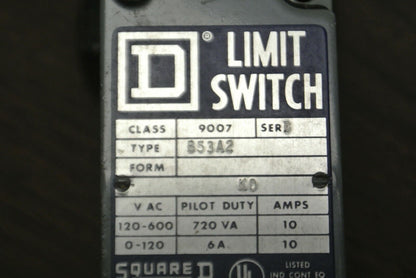 SQUARE D B53A2 HEAVY DUTY LIMIT SWITCH / 0-600V / 10A / NEW SURPLUS