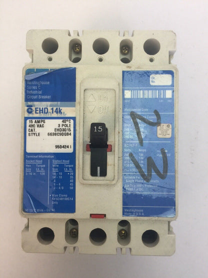 WESTINGHOUSE EHD3015 INDUSTRIAL CIRCUIT BREAKER 480VAC 250VAC 15AMP 3POLE SER C