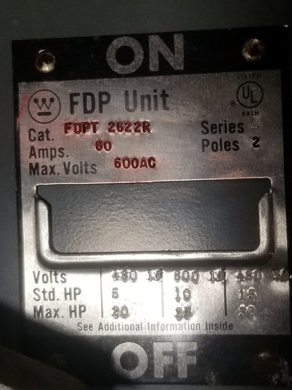 WESTINGHOUSE FDPT2622R FDP UNIT / TWIN PANELBOARD SWITCH - 60A, 600V, 2-POLE