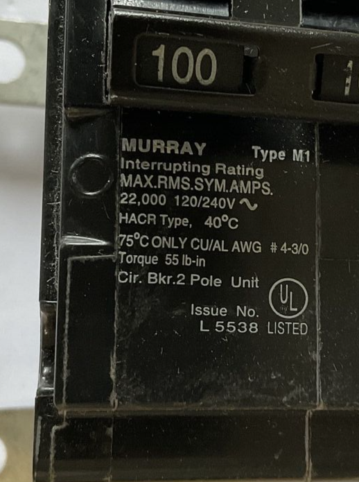 MURRAY M1 100A CIRCUIT BREAKER 120/240VAC 2POLE MODEL 1