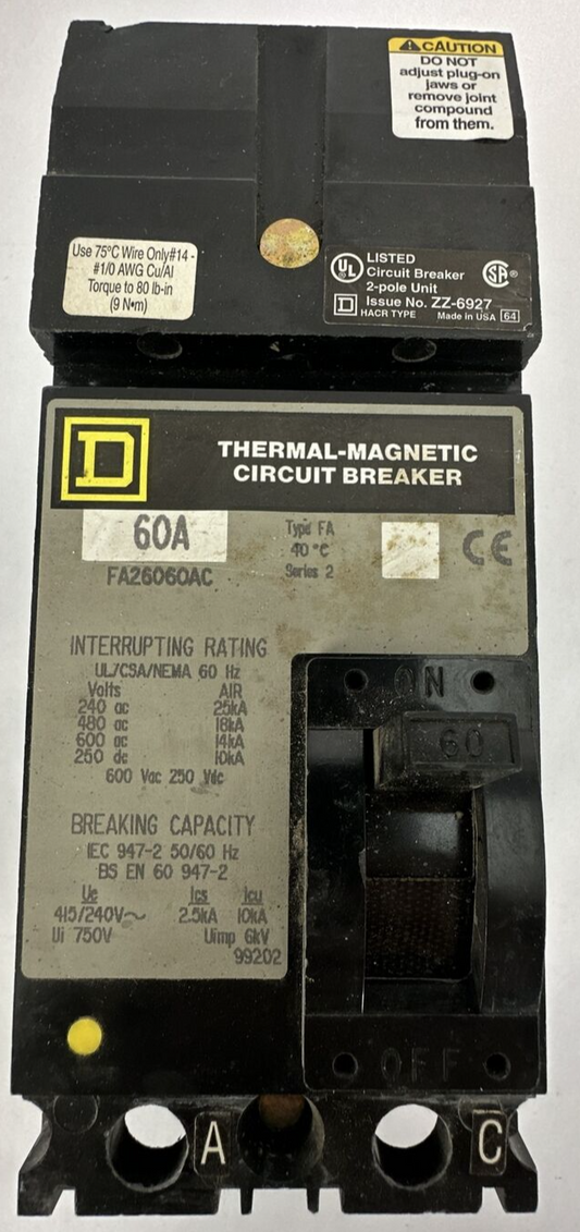 SQUARE D FA26060AC CIRCUIT BREAKER 600VAC 250VDC 60AMP 2POLE