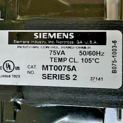 SIEMENS MT0075A CONTROL TRANSFORMER 75VA 50/60HZ PRIM.230X460V SEC.115V