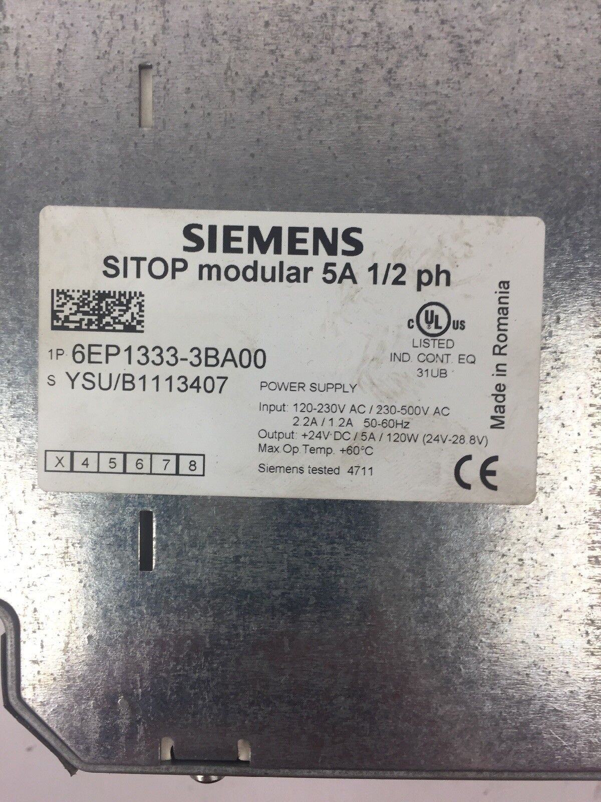 SIEMENS 6EP1333-3BA00 POWER SUPPLY INPUT 120-230/230-500VAC OUTPUT 24VDC/5A/120W