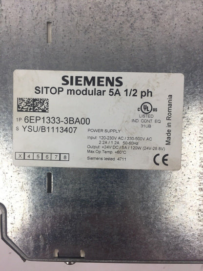 SIEMENS 6EP1333-3BA00 POWER SUPPLY INPUT 120-230/230-500VAC OUTPUT 24VDC/5A/120W