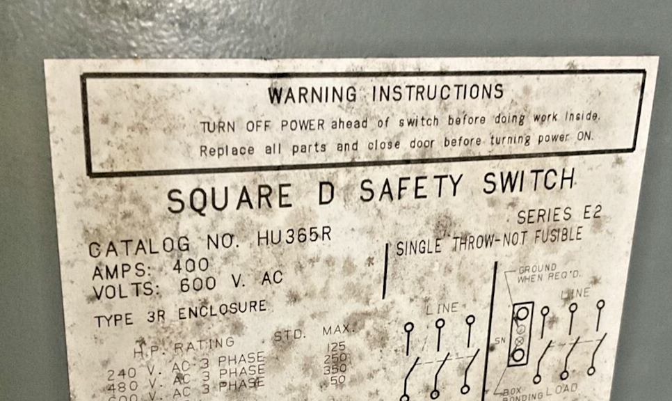 SQUARE D HU365R SAFETY SWITCH SER.E2 400A 600V TYPE 3R