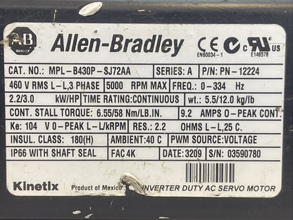 ALLEN BRADLEY MPL-B430P-SJ72AA SERVO MOTOR SER A 5000RPM 2.2/3.0 kW/HP 9.2AMP