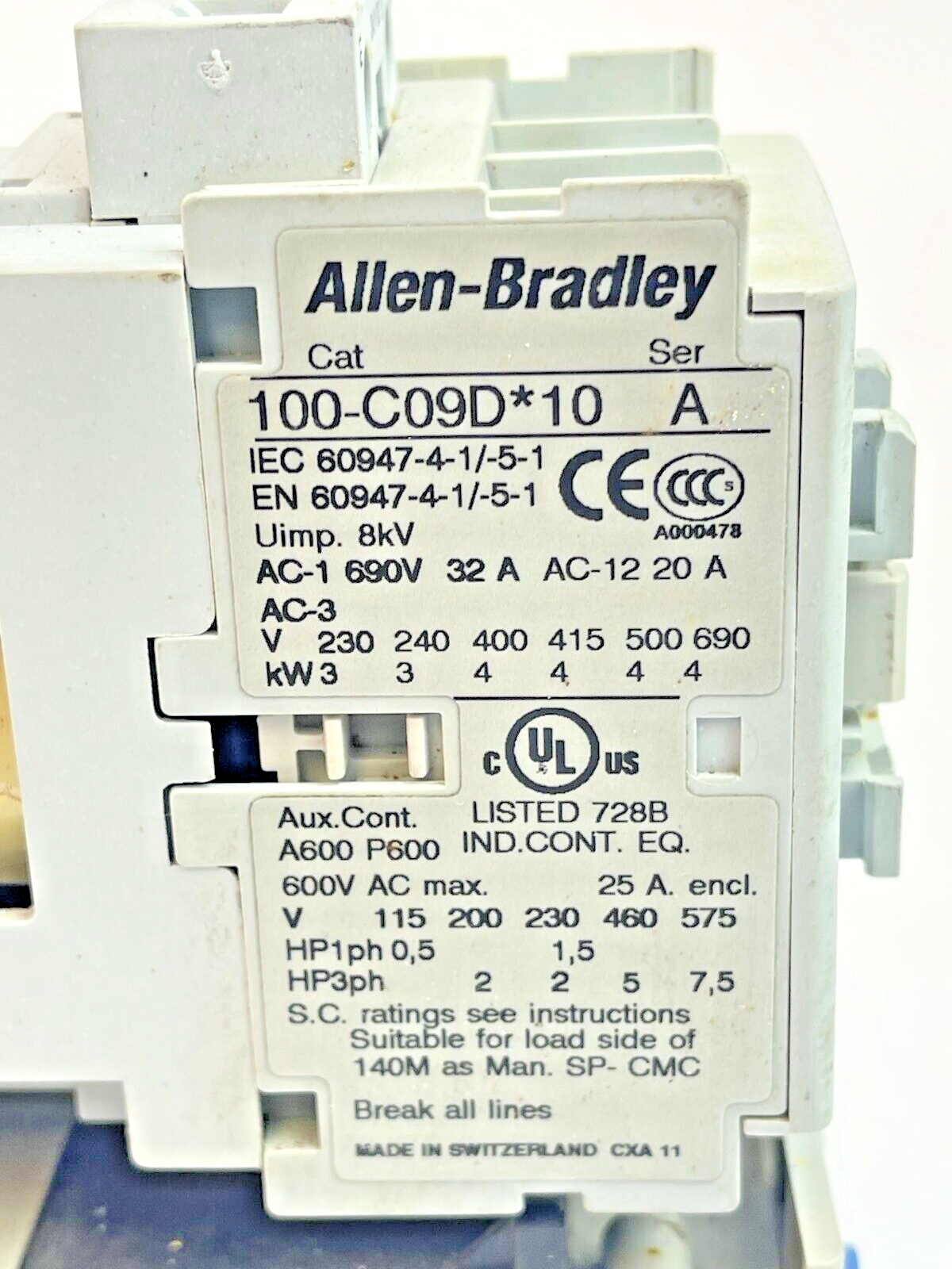ALLEN-BRADLEY 100-C09D*10 SER. A CONTACTOR W 24VDC COIL & 193-ED1BB RLY SER. A