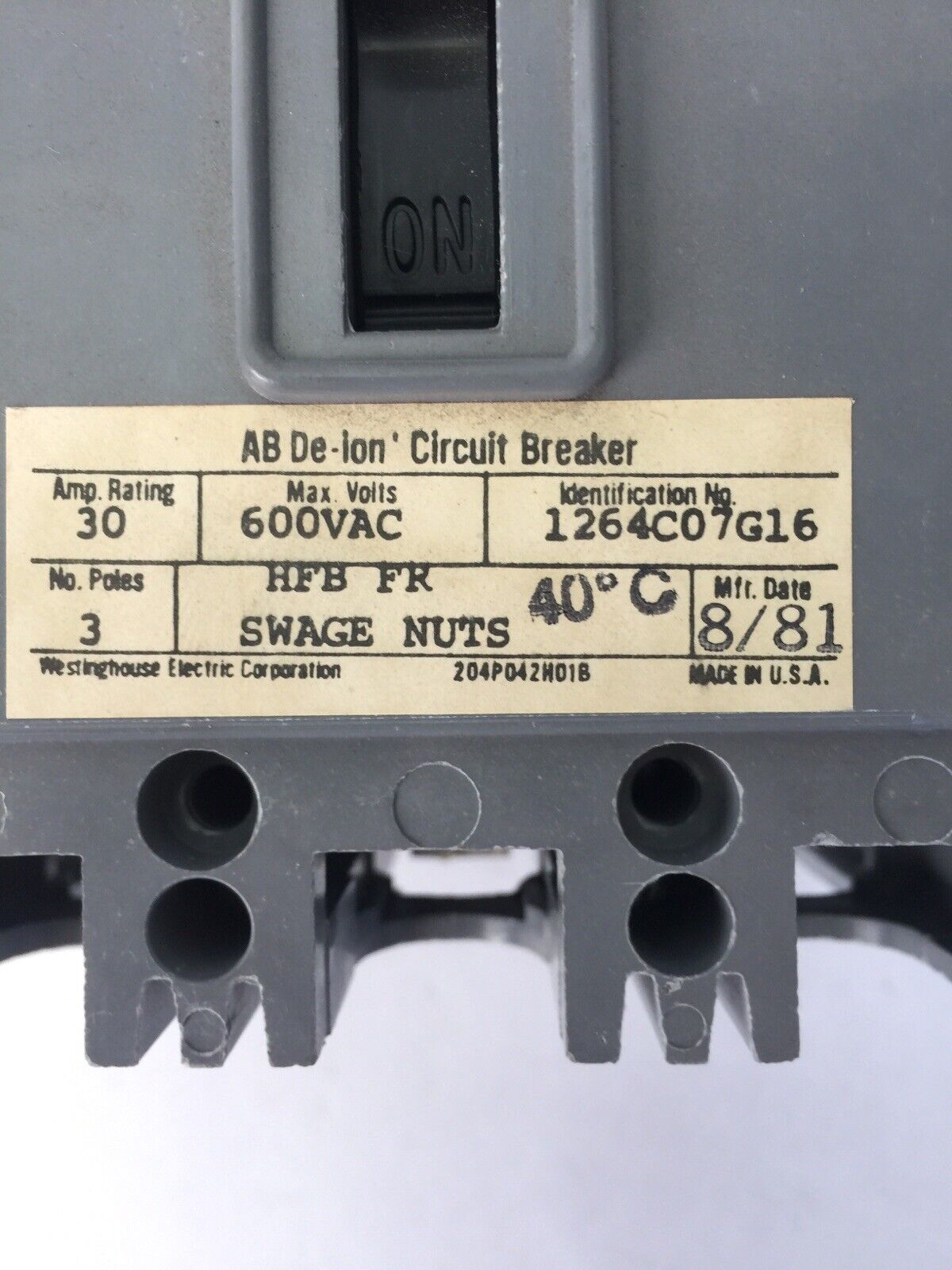 WESTINGHOUSE CIRCUIT BREAKER 30AMP 3POLE 600VAC 1264C07G16
