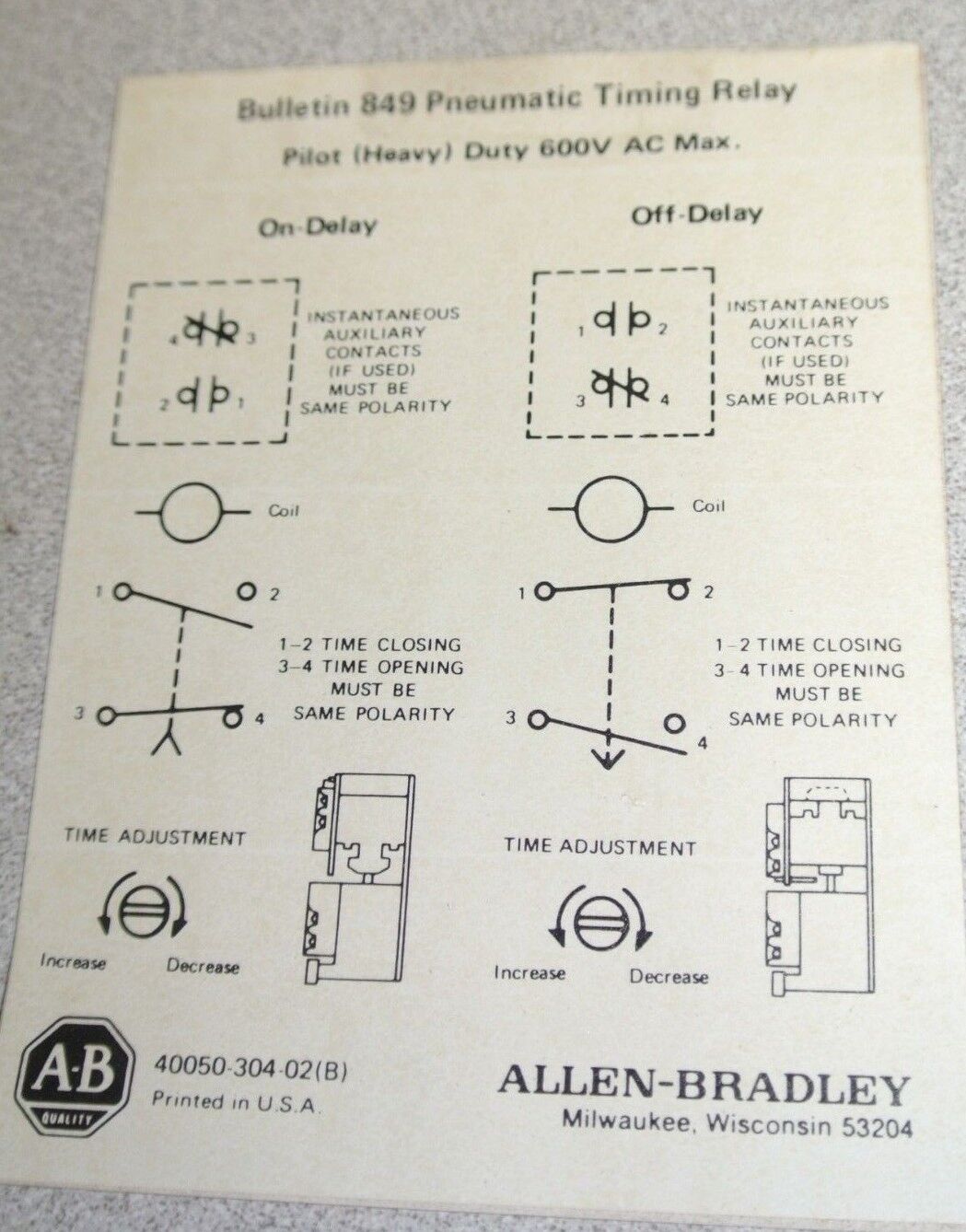 ALLEN-BRADLEY 849-ZOD323 PNEUMATIC TIMING RELAY / ON-DELAY / 120V - NEW SURPLUS