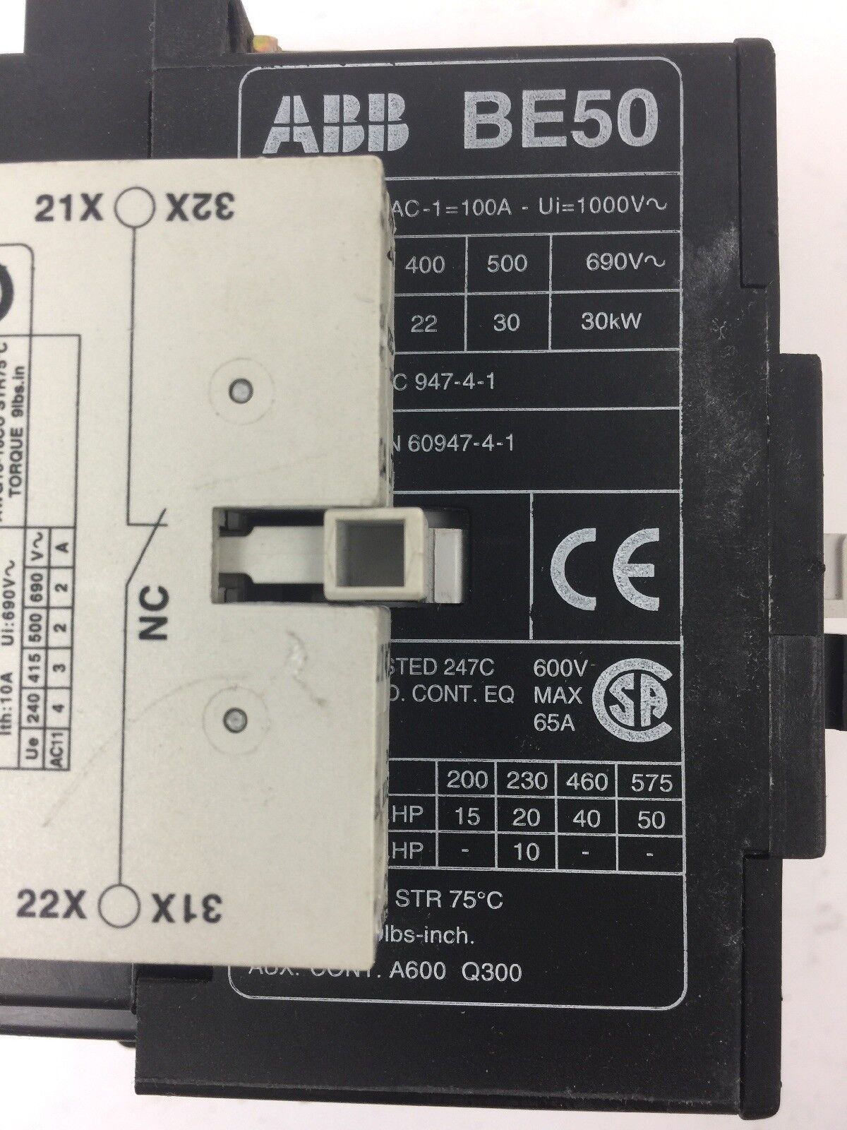 ABB BE50 CONTACTOR 600V 65A 3 POLE COIL 24VDC WITH CA L7 & CD L7 AUXILIARY CONTA
