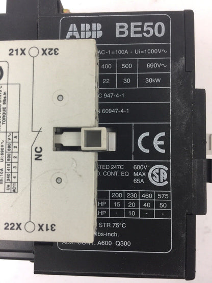 ABB BE50 CONTACTOR 600V 65A 3 POLE COIL 24VDC WITH CA L7 & CD L7 AUXILIARY CONTA